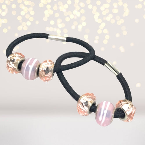Glistening Beads Hair Ties, Black Glass Bead Hair Elastic, Pink Bead